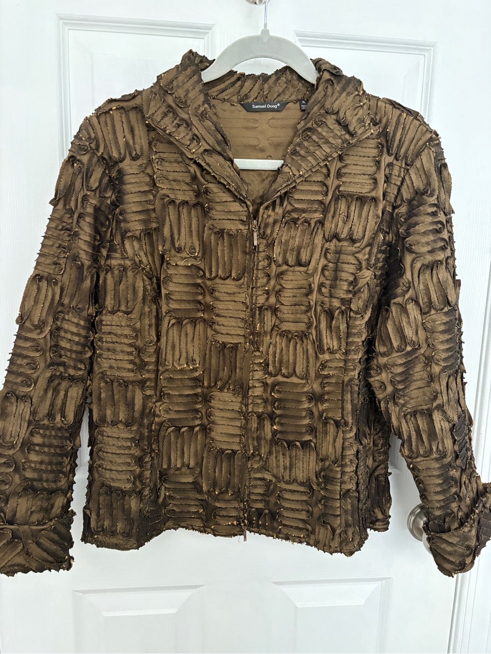 Samuel Dong Textured Brown Hooded Zip Jacket